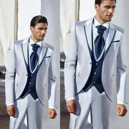 Smoking da sposo alla moda con un bottone lucido argento grigio Risvolto con risvolto Uomo Festa di nozze Groomsmen 3 pezzi Abiti Giacca Pantaloni Gilet Ti333b