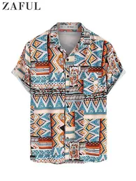 Mens Casual Shirts ZAFUL for Men Tribal Print Ethnic Blouses Summer Streetwear Shirt Lapel Vacation Short Sleeves Button UP Tops with Pocket 230720