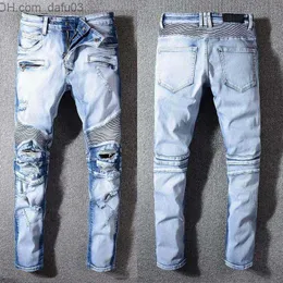 Herrbyxor herrbyxor stylist jeans nödställda rippade cyklist jean män kvinnor smal passar motorcykel cyklist denim jeans hip hop mens jeans storlek 28-40 z230720