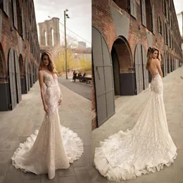 2019 Berta Mermaid Wedding Dresses Sexy Plunging v Backless Wedding Gowns Sweep Train Appique 레이스 신부 드레스 317f