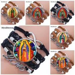 For Women Christmas Jewelry Glass Cabochon Multilayer Black Brown Leather Bracelet Bangle Virgin Mary Sacred Heart Religious184m