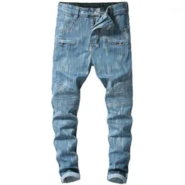 Sokotoo Jeans da motociclista in denim elasticizzato blu da uomo per moto Pantaloni pieghettati slim taglie forti1217g
