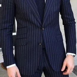 Mens Blue Striped Suit Blazer Slim Fit: Formal Wedding Tuxedo