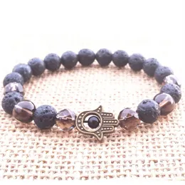 MG0759 HAMSA LAVA Stone Smoky Quartz Bransoletka Bransoletka Fatima Duchowa leczenie czakra korzeni czakra nadgarstka Mala Joga Jogry316y