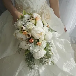 Rose Peony Bridal Cascading bukiet ślubne bukiety panny młodej kwiaty kwiaty domowe dekoracja dekoracja sztuczna stół kwiat biały róż 2337