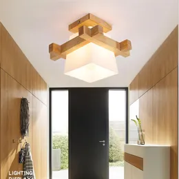 Giapponese Warmly Home Cottage Lampada da soffitto in legno Tatami Led con paralume in vetro Corridoio Corridoio Balcont E27 Plafoniera moderna I312M