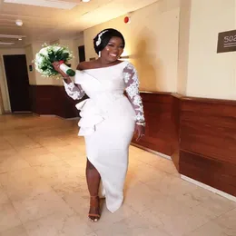 Aso Ebi Vestidos de Dama de Honra de Renda Árabe 2020 africano Sexy Split Bainha Mangas Compridas Vestidos de Convidados de Casamento Baratos Noite Formal Par229R