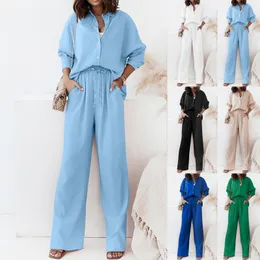 Women's Two Piece Pants Solid Color Loose Shirt Wide Leg Trousers Casual Shower Suit Dress Pant Suits For Women Work Ski Womens