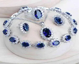 Set di gioielli da sposa in argento 925 da donna Zirconi blu Costume Gioielleria raffinata Collana da sposa Orecchini Anelli Bracciali Set di ciondoli 225827002