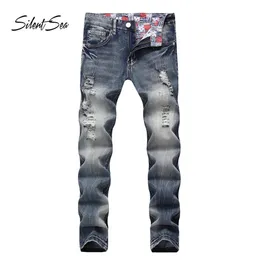 Silentea Fashion Biker Jeans Button Pants Trendy Designer Mens Jeans High Quality Blue Color Straight Ripped For Men278Z