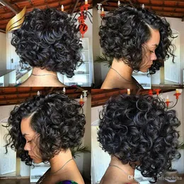 Short Bob Cut Full Lace Wig Human Hair Curl Style Long Bobby with Side Part Lace Front Wigs For Black Women263h