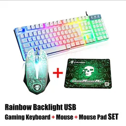 LED Regenbogen Hintergrundbeleuchtung USB Ergonomische Wired Gaming Tastatur 2400DPI Maus Mauspad Set Kit für PC Laptop Computer Gamer NEW234O