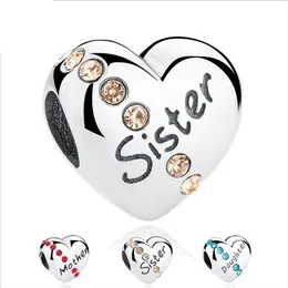 Solid 925 Sterling Silver Rhinestone Love Heart Pärlor Mamma Dotter Sister Hearts Charm för DIY Jewelry Accessories288d