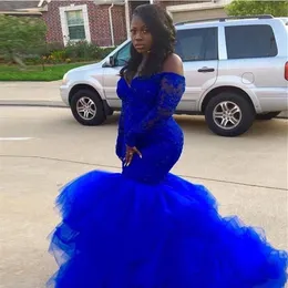 African Royal Blue Mermaid Dresses 2019 Nowy sprzedaż zamiatający pociąg z długim rękawem koronkowy koronkowy impreza wieczorna Go325z