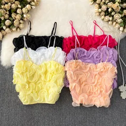 Women's Tanks Chic Tank Top For Women 3D Flower Spaghetti Strap Womens Mesh Patchwork Sweet Summer Camis Female Korean Fashion Dropship