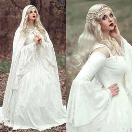 Renesansowe gotyckie koronkowe sukienki ślubne z płaszczem plus vintage dzwon Celtic Medieval Princess A-Line Wedding Brid3083