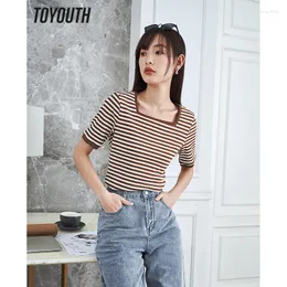 Women's T Shirts Toyouth Women T-shirt 2023 Summer Short Sleeve Square Neck Slim Stretch Tees Classic Stripe Design Casual Chic Basic Tops