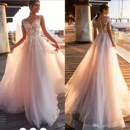 2022 Linia sukien ślubna plażowe wiejskie koronkowe aplikacje Sheer Scoop Szyja Tiulowy przycisk Tiul Tiul Long Bridal Wedding Gowns BA9227P