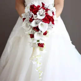 Cascading Bridal Bouquets Wedding Flowers with Artificial Pearls and Rhinestone White Calla Lilies Red Rose De Mariage Decoration 285U