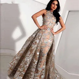 Long Grey Champagne Lace Mermaid High Neck Arabic Prom Dresses kaftan Dubai Formal Evening Gowns with Detachable Skirt289C