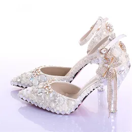Pointed Toe Ankle Strap Boots Bridal Shoes Ivory Pearl Wedding Party Dress Shoes Rhinestone Pumps for Wedding Events Prom Shoes2745