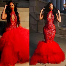 2021 Plus Size Arabic Aso Ebi Red Mermaid Sexy Prom Dresses Lace High Neck Evening Formal Party Second Reception Gowns Dress ZJ202274L