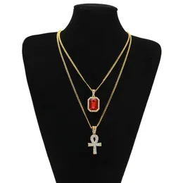 Herr Fashion Hip Hop Jewelry Gold Chain Rhinestone Red Ruby Cross Pendant Necklace Set2679