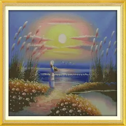 Seaside Girl Home Decor Paintings Handgjorda Cross Stitch Embrodery Nålarbetet räknade tryck på duk DMC 14CT 11CT312T