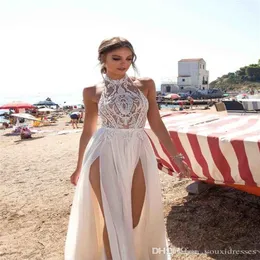 Berta Bohemian Abiti da sposa 2019 Halter Appliques in pizzo Perline Sexy Side Split Beach Abiti da sposa Custom Made Cheap Boho Bridal 246F