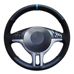 Capa de volante de carro costurada à mão em camurça de couro genuíno preto para BMW E46 325i E39 E53 X5266P