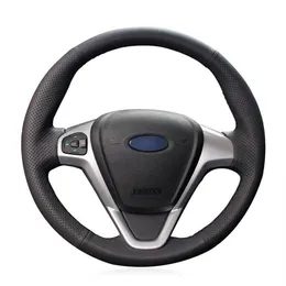 For Ford Fiesta 2008-13 hand-sewn steering wheel cover black artificial leather287i