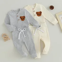 Set di abbigliamento Cute Baby Boy 2 pezzi Outfit Bear Ricamo a costine Pagliaccetti a maniche lunghe Pantaloni elastici Set di vestiti autunnali primaverili