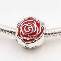Ny 100% S925 Sterling Silver Belle's Enchanted Rose Charm Pärla med röd emalj passar europeiska pandora smycken armband268f