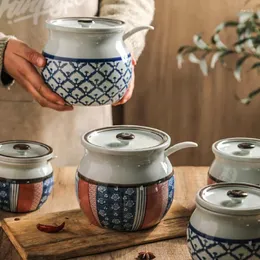 Lagringsflaskor retro rund keramik burk med handmålad underglasyrfärg för kökskryddor och kryddor hög temperatur