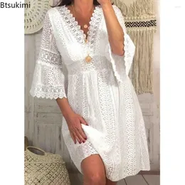 Casual Dresses 2023Women's Summer Lace Embroidery Dress Vintage V Neck Flare Sleeve Mini Elegant Solid Hollow Out Female Vestidos