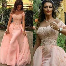 2019 Blush Pink Elegant Mermaid Formal Evening Dresses Off the Shoulder Lace Short Sleeves Party Gowns Floor Length Detachable Pro259s