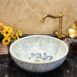 Lavandini in ceramica antica cinese Lavabo in porcellana Lavabo da appoggio in ceramica Lavelli da bagno Lavabo blu e bianco lavabo264A