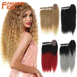 Synthetische Perücken Afro Kinky Curly Haarbündel mit Verschluss Ombre Blonde 30 Zoll weiche lange synthetische Webart 230227