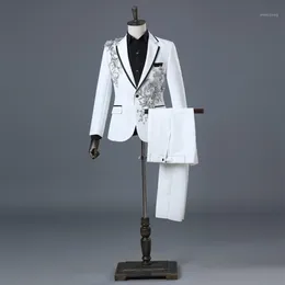 Abiti da uomo Blazer Mens White Floral Paillettes 2 pezzi Giacche Pantaloni Slim Fit One Button Wedding Groom Tuxedo Suit Uomo Co3614
