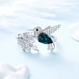 Silver Color Hummingbird Adjustable Ring for Women with Green Austrian Crystal Luxury Wedding Rings Jewelry Gift