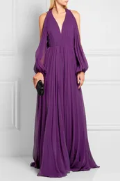 Abiti da sera classici a maniche lunghe in chiffon viola da sera con scollo a V e scollo a V, abiti da sera, abito formale da ballo per le donne