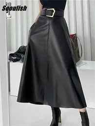 التنانير Seoulish Classic Black Faux Pu Leather مع Long With High High Percy Umbrella Ladies Female Attreen