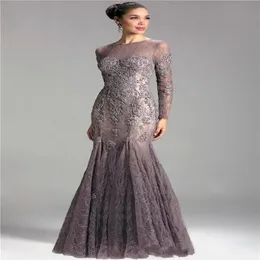 2019 Mangas Compridas Vestido Sereia Mãe Da Noiva Vestido Decote Jóia Renda Apliques Frisado Ilusão Tamanho Grande Vestido de Noite Casamento Gu250d