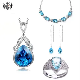 Ensemble de bijoux goutte d'eau saphir bague longue gland oreille chaîne sirène larmes collier topaze bleue Bracelet210D