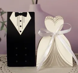 Dress & Tuxedo Bride Groom Wedding Favour Ribbon Candy Bomboniere Box Anniversary Valentine's Day Engagement treats paper boxes LL