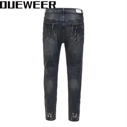 Dueweer Swag Washed 파괴 된 Jean Streetwear Knee Hole Biker Jeans 남자 트렌드 패션 스플래시 잉크 스키니 진 바지 3309