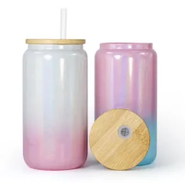 16oz Sublimation Glass Blanks with Bamboo Lid and Straw Iridescent Glass Can Tumbler Bulk Sparkling Rainbow glass for Iced Coffee Juice Beers Drinks