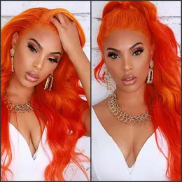 Long Body Wave Orange Wig Celebrity Women Cosplay Style Lace Frontal Heat Motent Synthetic spets Front Wigs Wig Natural Hairline295G