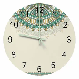 Väggklockor bohemisk stil mandala mönster etnisk retro lysande pekare klocka hemprydnader runt tyst vardagsrumsdekor