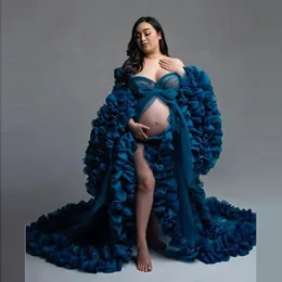 أورجانزا أمومة ملابس الحفلة الراقصة ثبات الكشكشة طويلة الأكمام الحزب لباس جاكيتات الزفاف ملابس النوم النساء الحوامل
